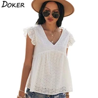 cotton hollow out deep v neck ruffle short sleeve t shirt women casual loose tops female beach vacation ladies clothing