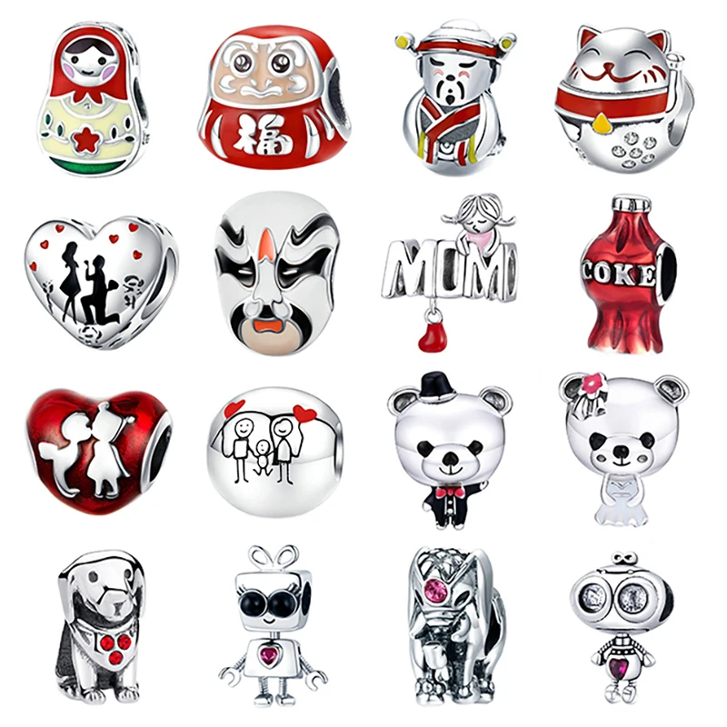 

Red boy &girl Lovers Charms 925 Sterling Silver Bead Bracelet Cat Bear Animal Beads Handmade Family Diy Jewelry Accessories