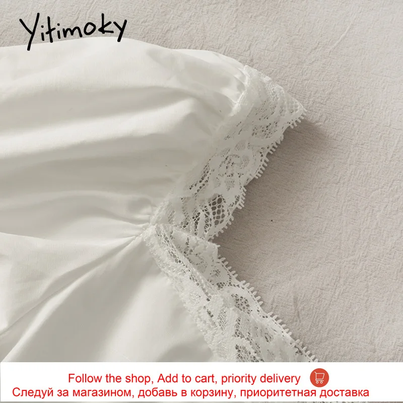 

Yitimoky Women Blouses Spring Summer 2021 Vintage Fashion Short Puff Sleeve Clothes Lace Square Neck Button White Black Crop Top