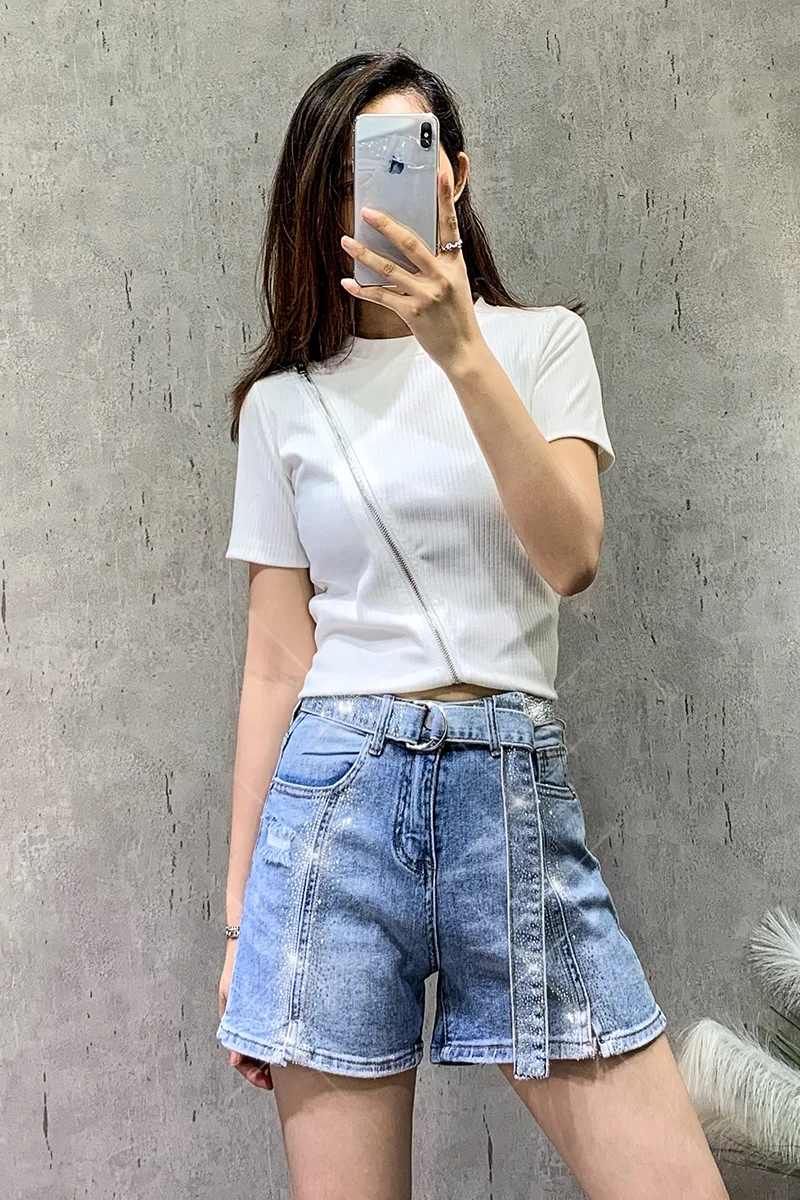 

Belt Rhinestone Denim Shorts Women's Summer 2021 Split High Waist Loose Slimming Jeans Lady A Line Wide Leg Hot Pants