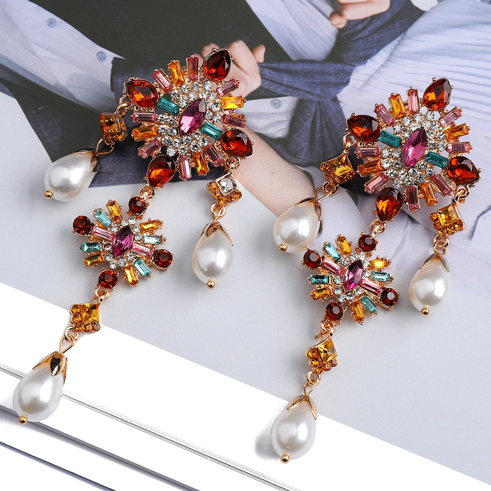 

Metal Full Colorful Crystal Geometric Long Dangle Earrings Fashion Vintage Ethnic Style Simulated Pearl Luxury Jewelry For Women