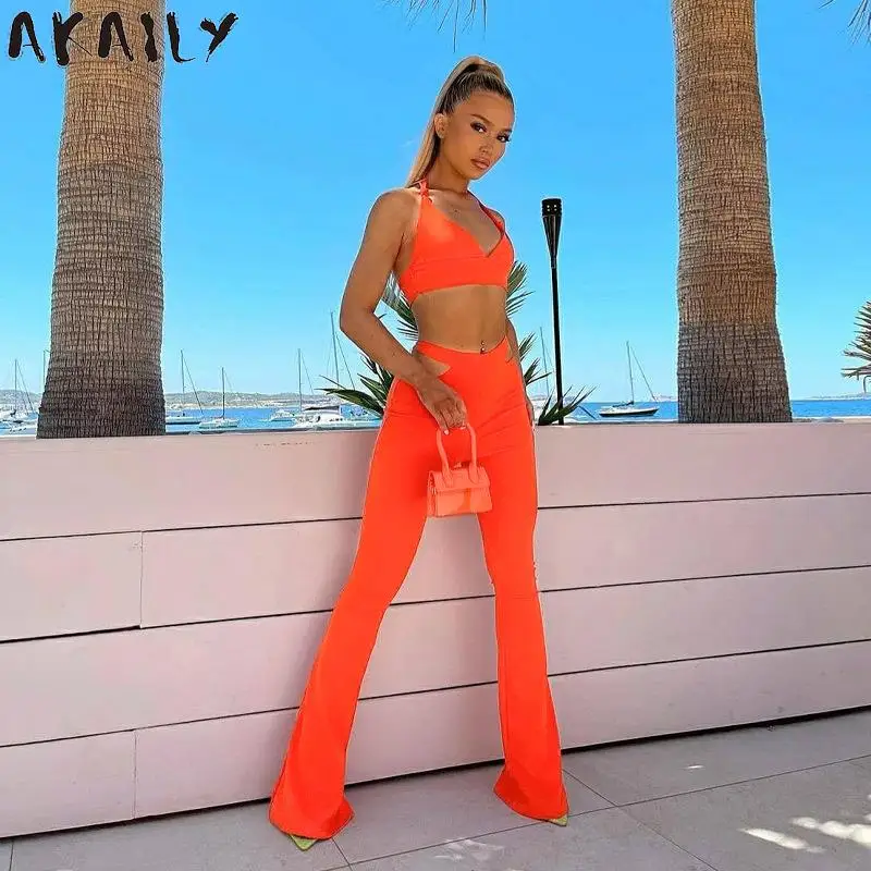 

Akaily летний комплект из 2 предметов с лямкой на шее, женский короткий топ без рукавов с открытой спиной и длинные расклешенные брюки 2021