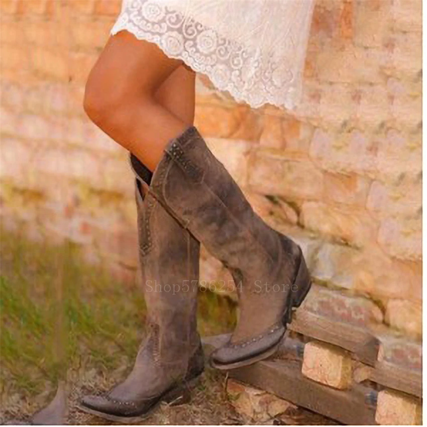 Средневековые женские высокие сапоги-трубы в стиле ретро Ковбойские туфли