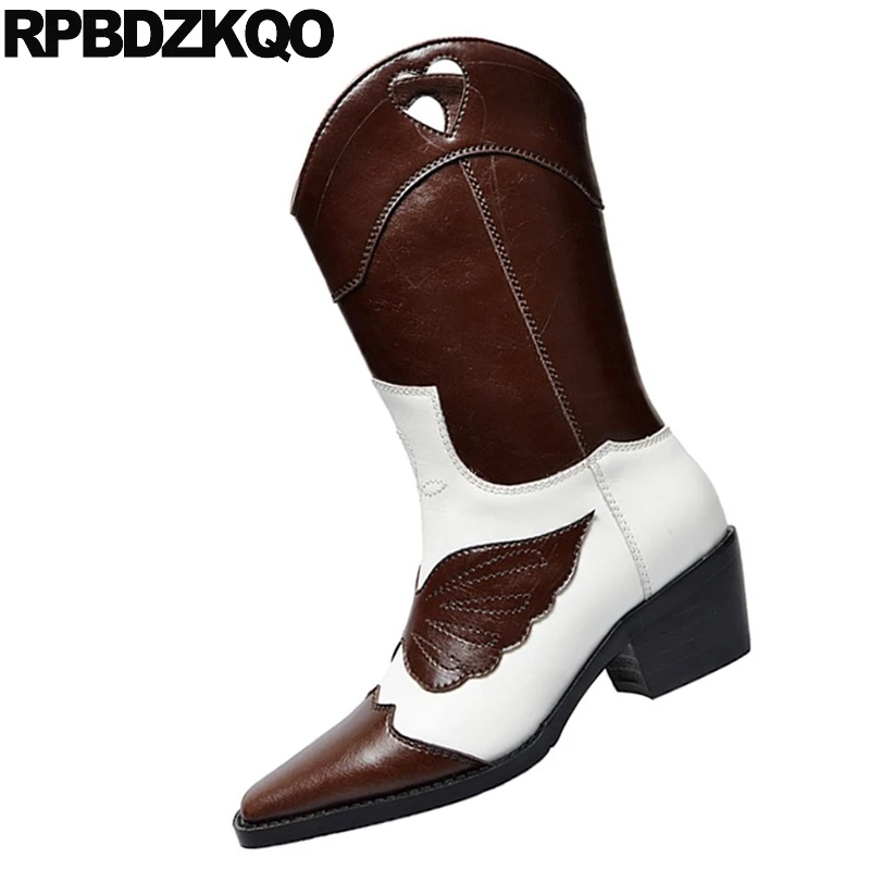 Женские ковбойские ботинки до середины икры коричневые из натуральной кожи с