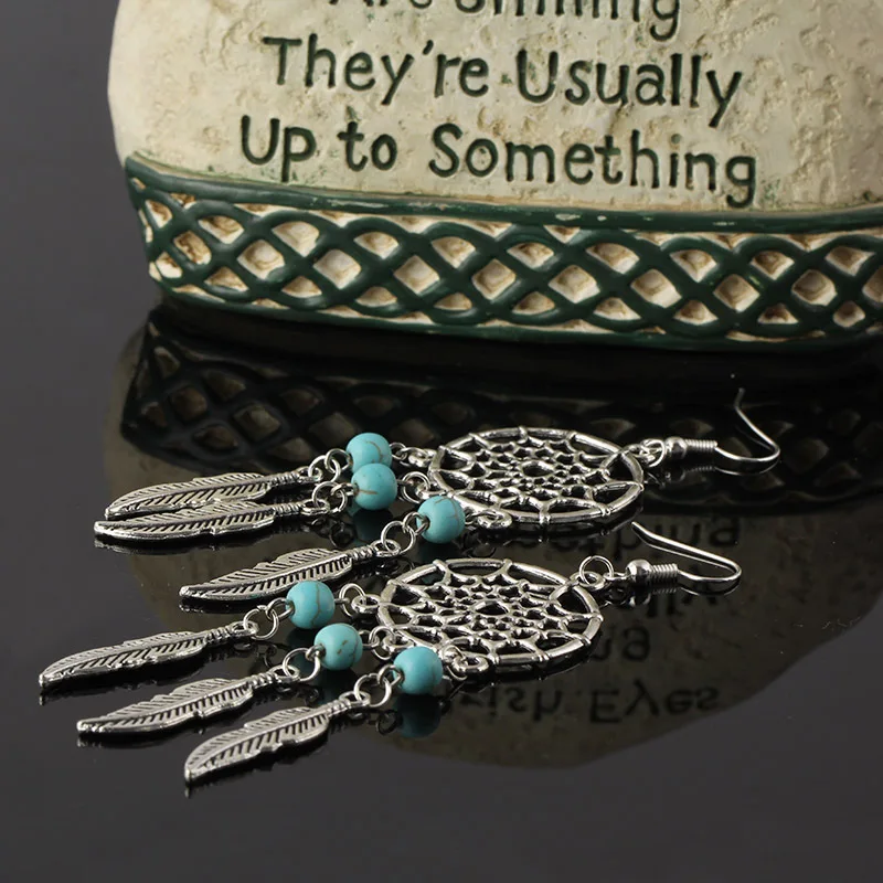 

FashionBohemia Ethnic Stone Dreamcatcher Retro Long Feather Leaf Drop Earrings for Women Vintage Charm Jewelry