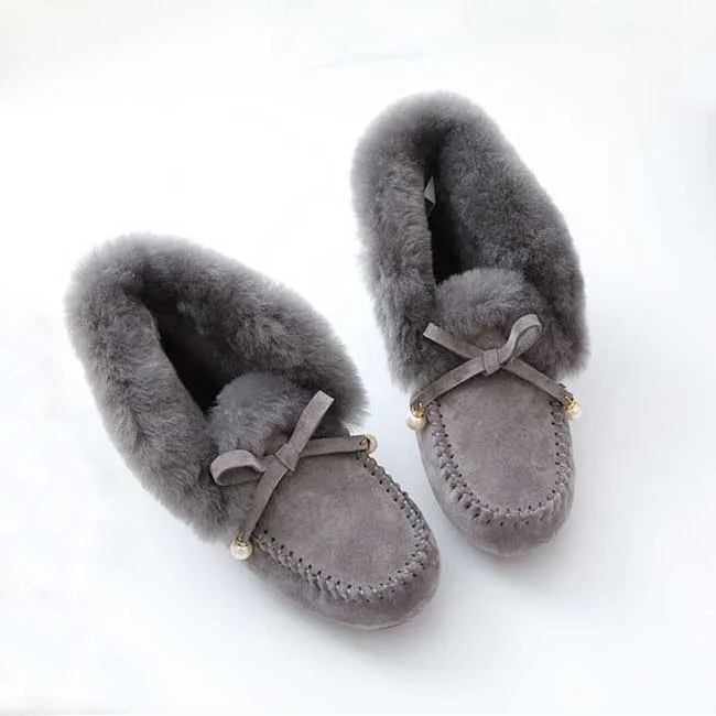 Natural Fur Women Flats Casual Moccasins Comfortable Loafers Genuine Leather Women Shoes Fashion Driving Shoes Woman - Цвет: GREY