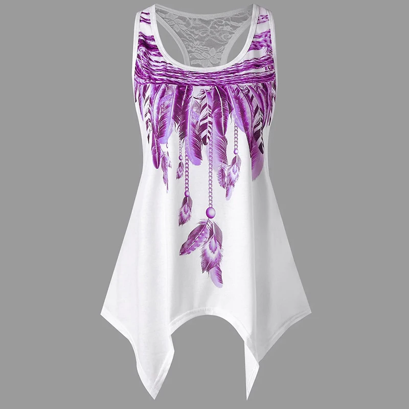 Женская футболка с принтом перьев и кружевом Повседневная без рукавов круглым