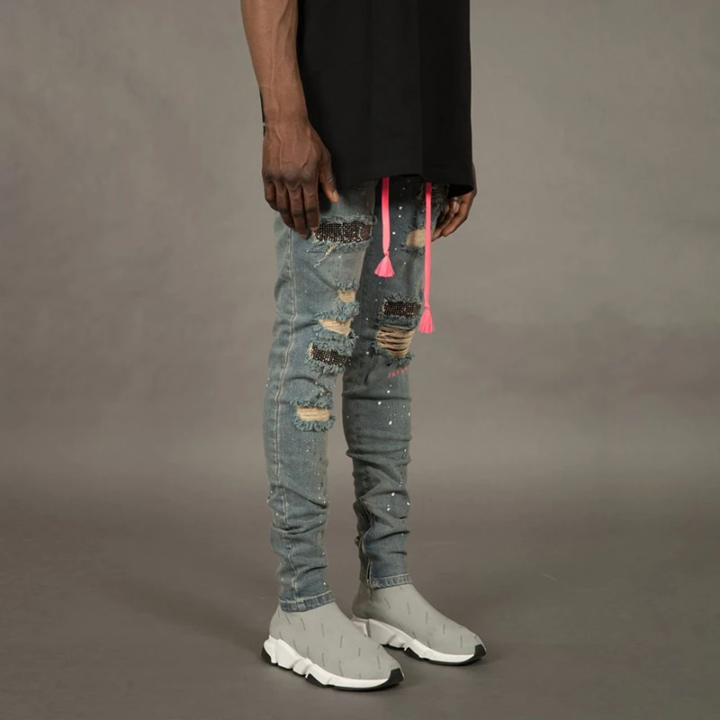 Новые обтягивающие мужские джинсы Уличная рваные Homme хип хоп сломанные Карандаш