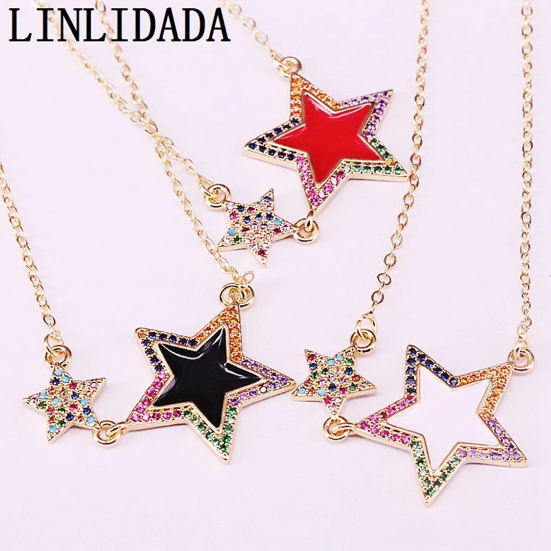 

8Pcs Trendy Enamel Charms Star Pendant Necklaces Gold Color Statement Women Jewelry Pave Rainbow Cubic Zirconia Necklace