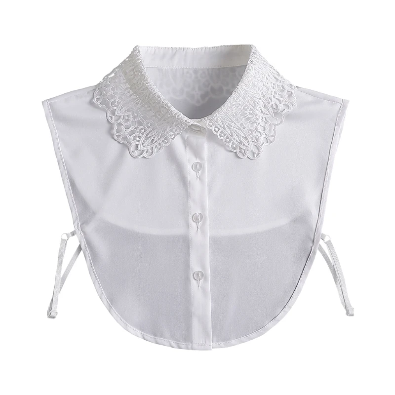 

Women Decorative White False Collar Lace Leaves Embroidery Half Shirt Detachable Button Down Dickey Blouse Crop Top