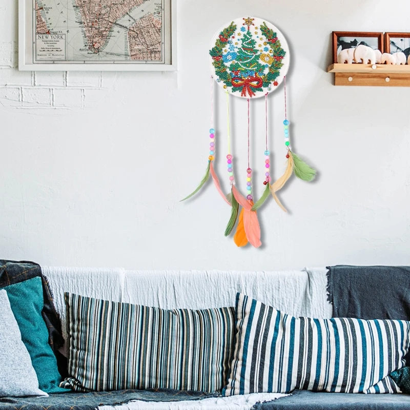 

808B Garland Christmas Tree Diamond Drawing Wind Chime Hanging Colorful Feather Wind Chimes for Outside Decoration DIY