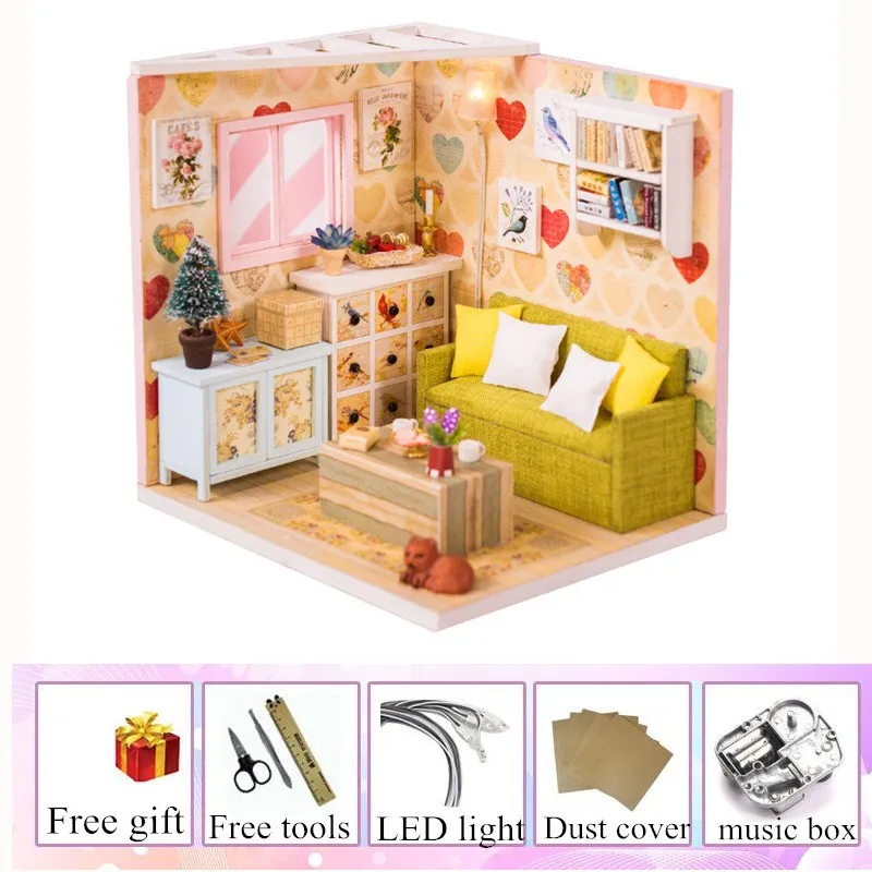 dust cover and music miniature house with light kast cat doll accessories diy mini wooden dollhouse tiny child doll house toy oyuncak bebek evi - Цвет: dust cover and music