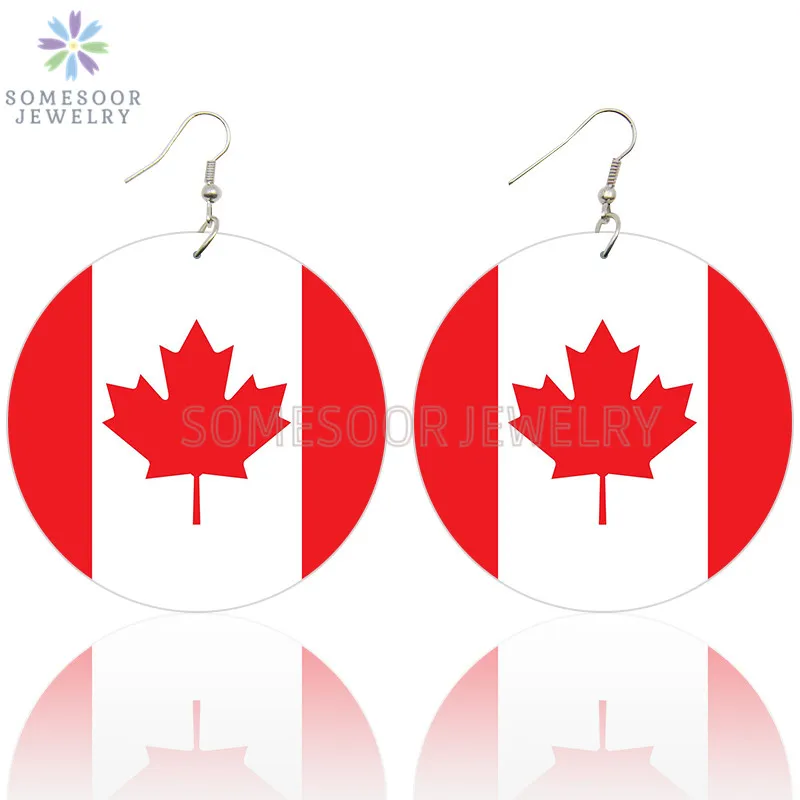 

SOMESOOR Both Sides Printed Maple Leaf Banner Wooden Drop Earrings Canada National Flag Design Wood Loops Dangle For Women Gift