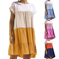 hot saleswomen dress short sleeve ruffle color block large hem cotton blend a line dress for springsummer