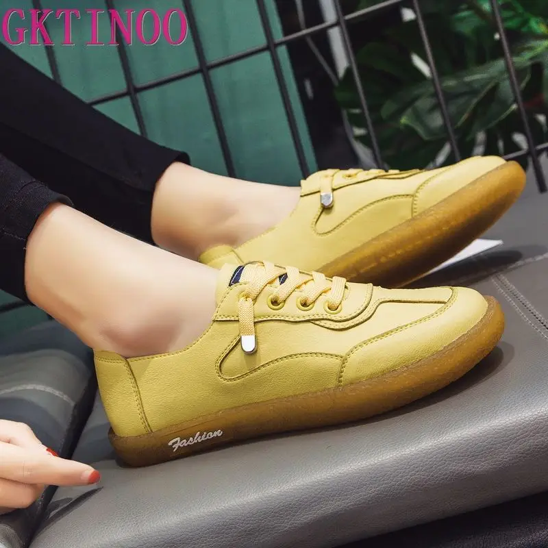 

GKTINOO Sneakers Women Genuine Leather Flats Low Heel Platform Ladies Lace Up Fashion Breathable Shoes Women 2021 White