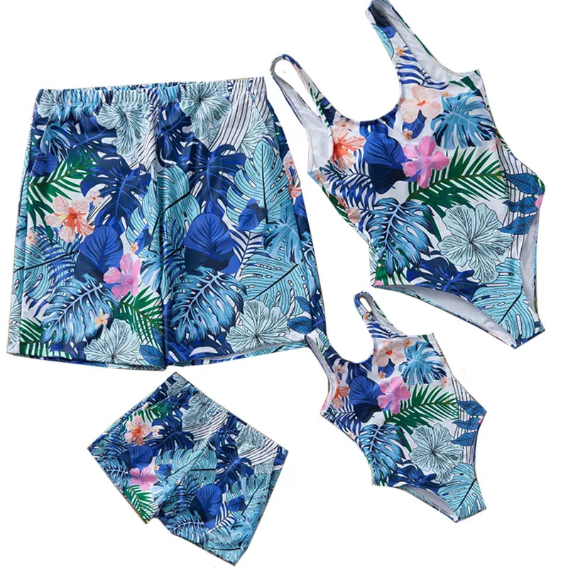 Одежда для купания всей семьи пляжная одежда с принтом в виде голубых листьев