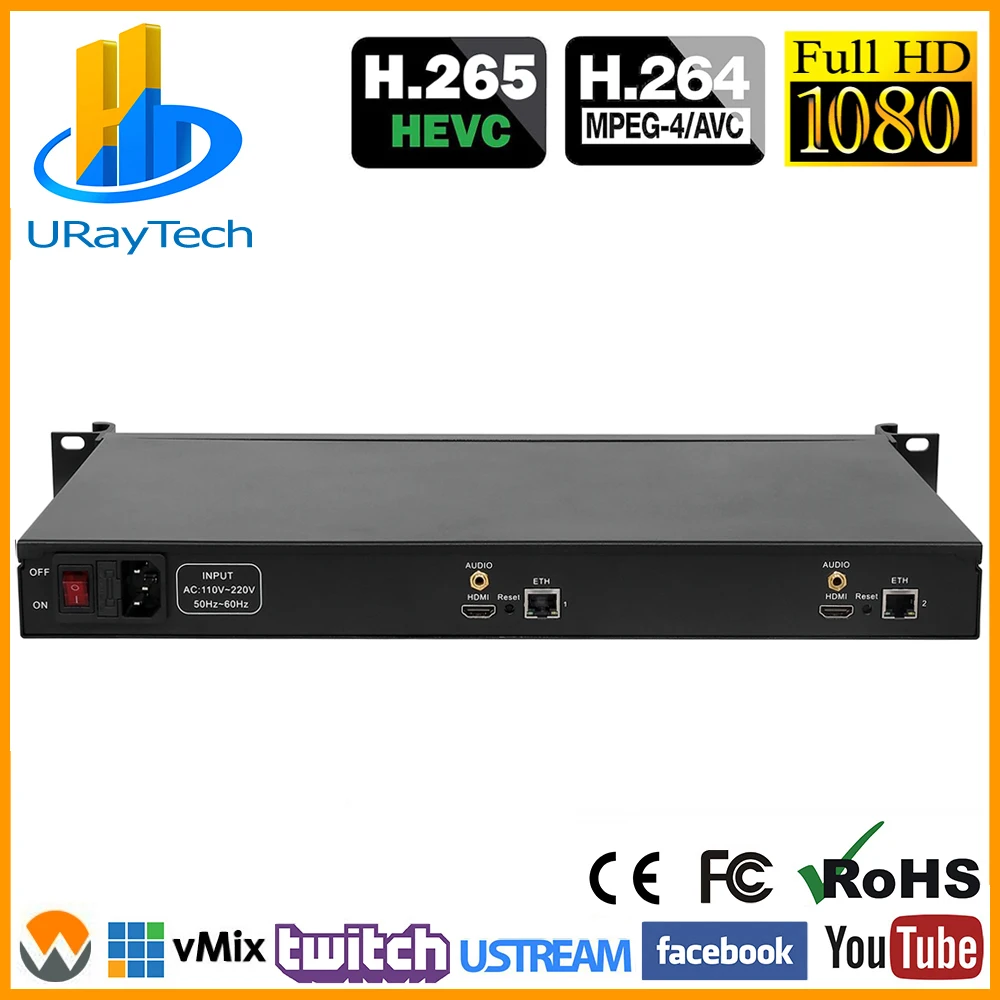 

1U Rack 2 Channels HDMI Encoder IPTV HD Video Audio Streaming To IP Live Encoder H.265 H.264 With RTMP RTMPS HLS M3U8 ONVIF
