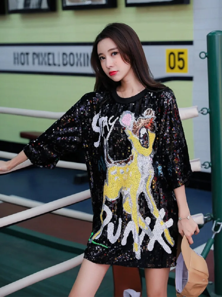 

CHICATWILL ins New Punk Tees Bling Bling Sequin Funny Cartoon T-shirt Europe Casual Deer T-shirts Loose Medium-long Dress