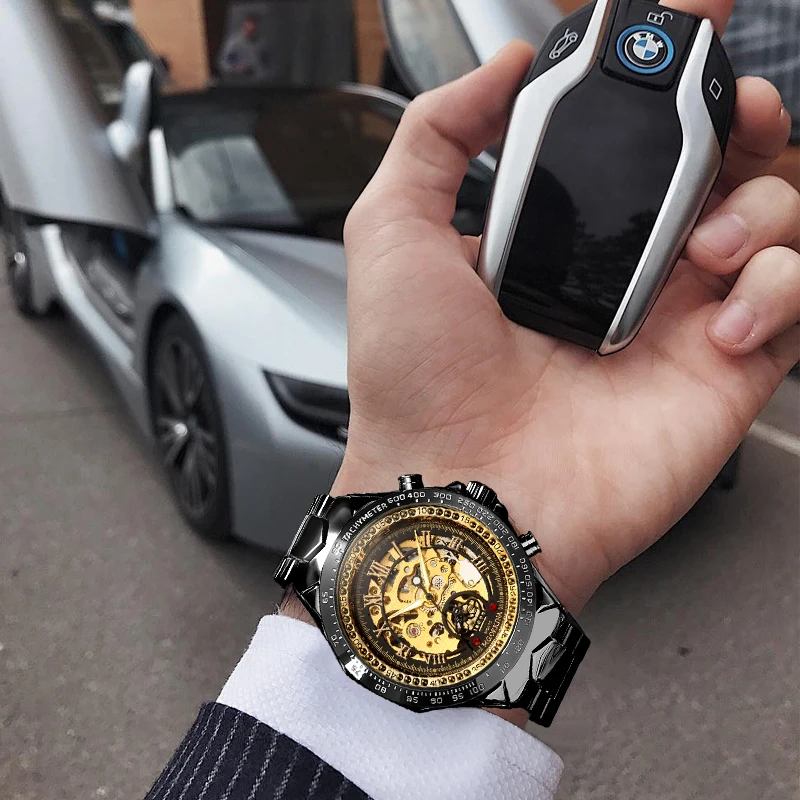 Золотые черные мужские часы Скелет дизайн металлический ремешок бизнес стильные