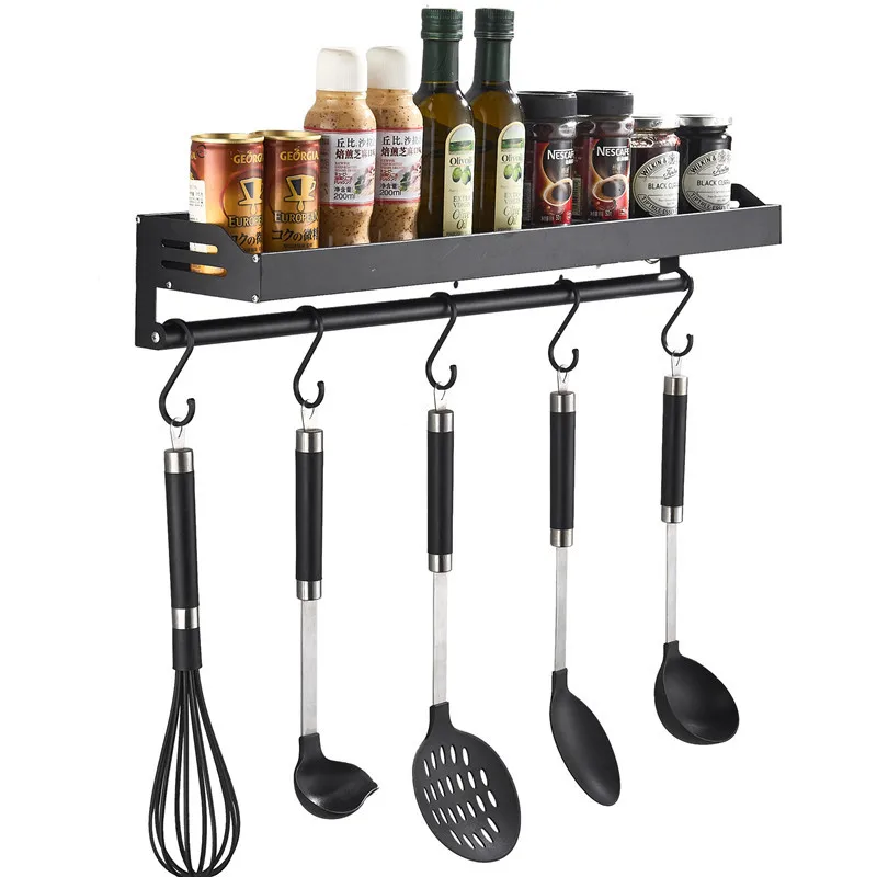 

Kitchen Organizer Storage Wall-Mount Spice Racks Aluminum Shelves Utensil Spoon Hanger Hook Kitchen Gadgets Accessories Supplies