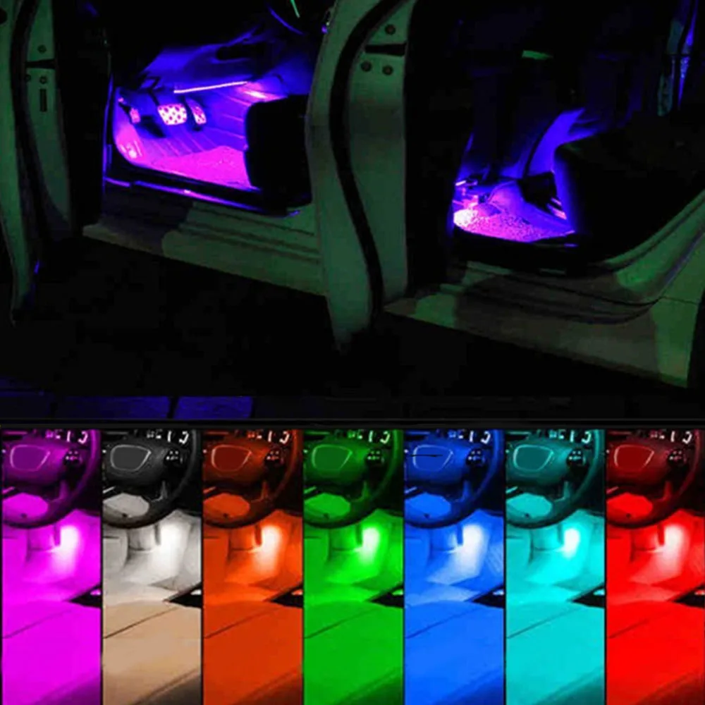 4pcs/set 12V LED Car Interior Floor Decorative Strip Light 12 SMD Remote Music Control Colorful RGB Auto Atmosphere Lamp | Автомобили и