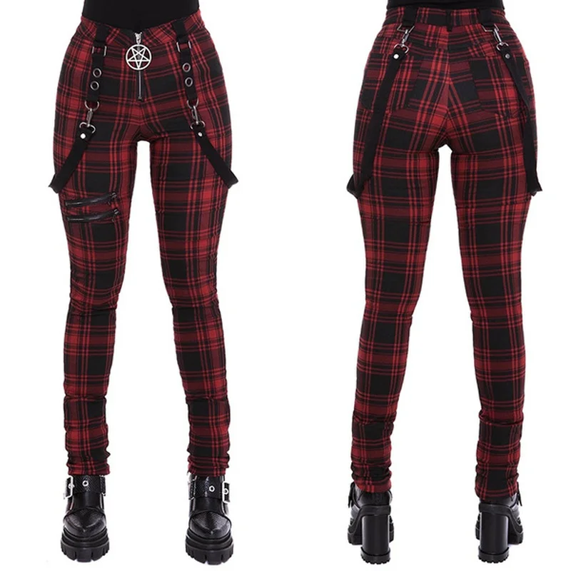 

Pants Women High Waist Plaid Tights Gothic Punk Style Chain Checked Trousers Streetwear Women Plaid Pants Fashion Plus Size