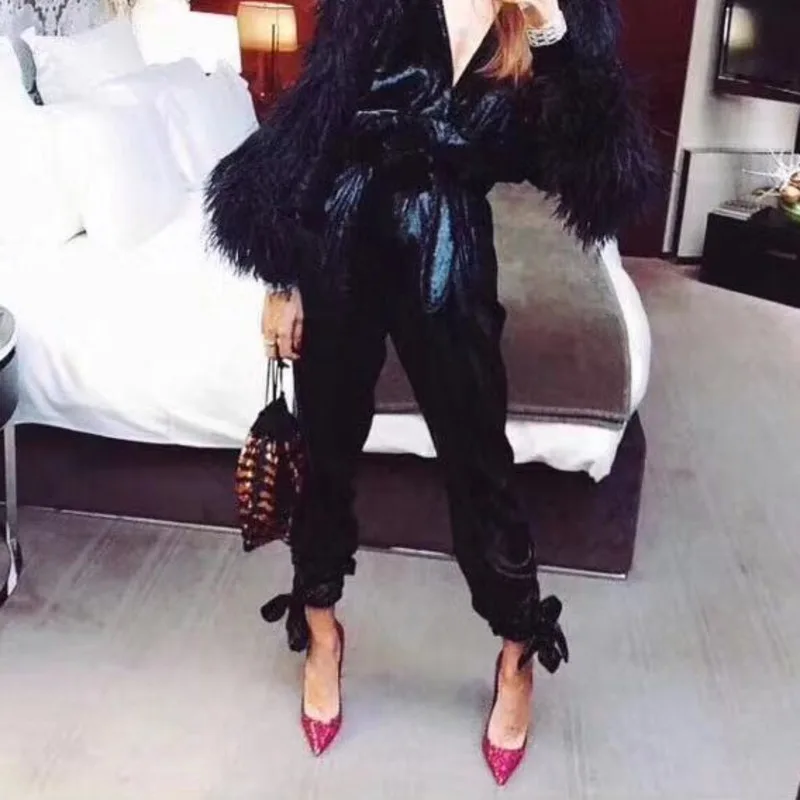 Брюки с высокой талией DEAT эластичные плиссированные брюки блестками и бантом на