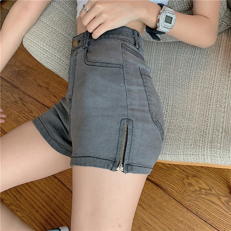 

Summer Women's Fashion Retro High Waist Slim Elastic Slimming A- line Side Zipper Denim Shorts Wide Leg Pants Hot Pants