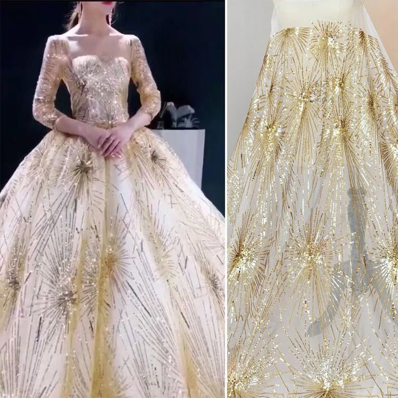 Ширина 130 см вышитые марли блестящие золотистые блестки тюль ткань для вечерние