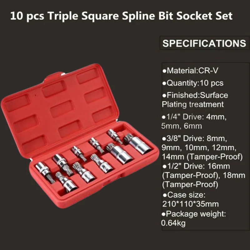 

10pcs 12 Point MM Triple Square Spline Bit Socket S2 Steel 4-18mm Machine Motor Repairing Tool Socket Set