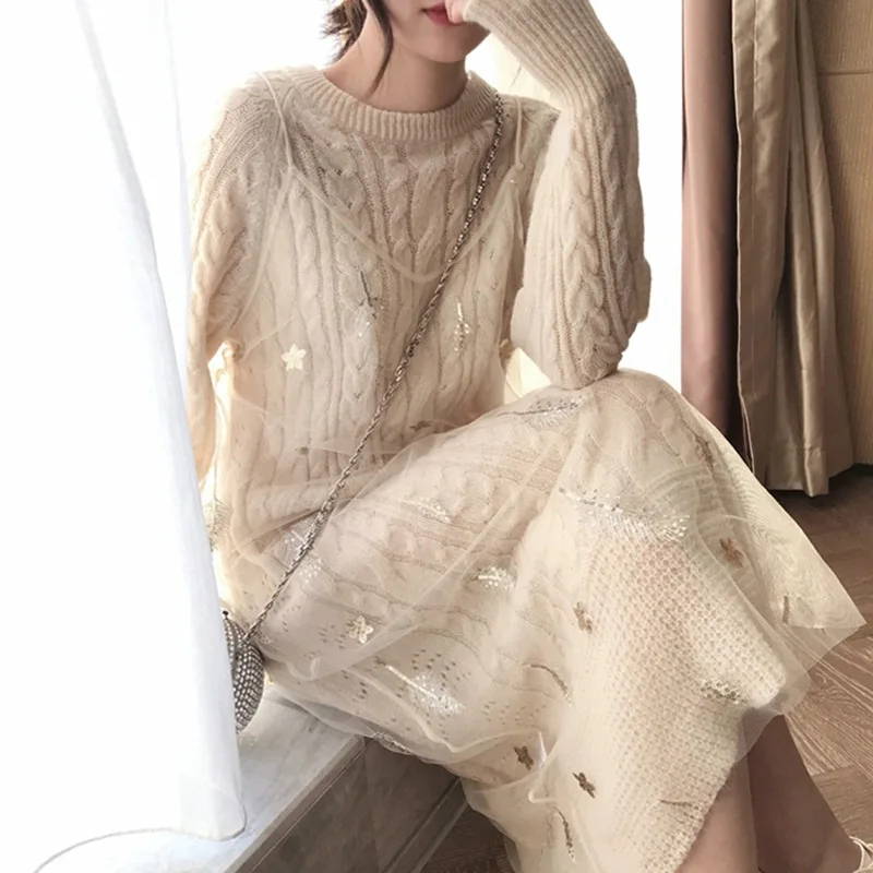 

Knitted Dress Inner Wear Base Dress Sweater Women's Mid-Length Autumn and Winter Dress