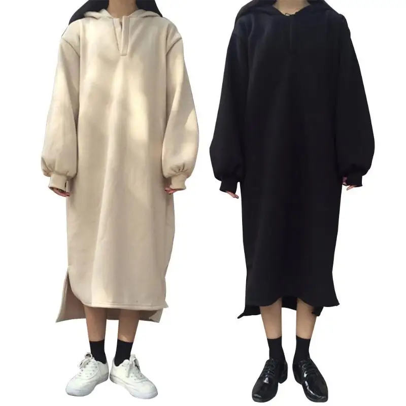 Женское осенне зимнее платье с длинным рукавом однотонное свободное флисовое