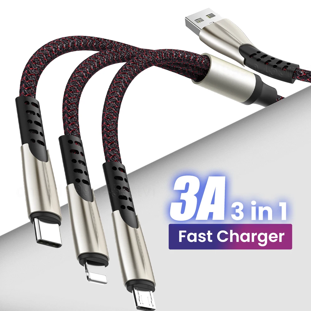 

3 in 1 USB Cable Type C Cable For Huawei Mate 40 30 Xiaomi Cable For iPhone 12 11 X Pro Max Samsung Charger Micro USB Cable 1.3M