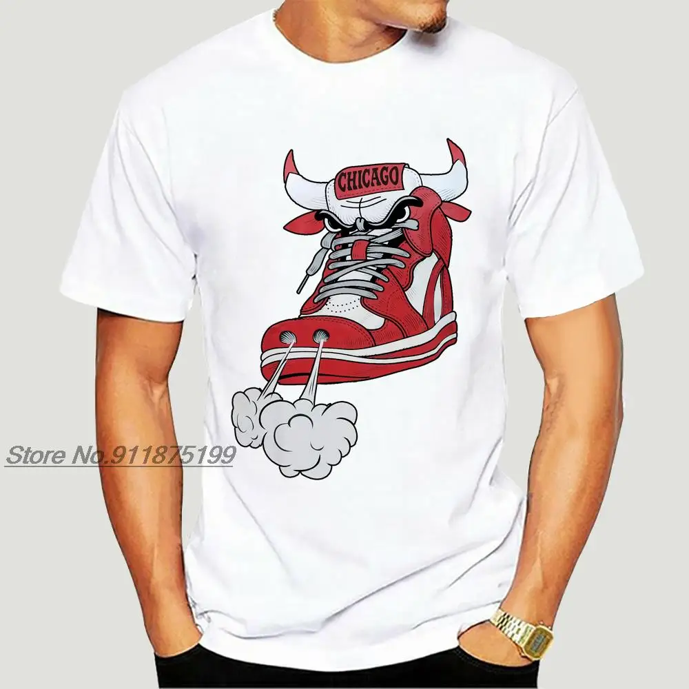 New Men Chicago Shoe Bull Red White Hip Hop Longline T-Shirt Black Humorous Tee Shirt