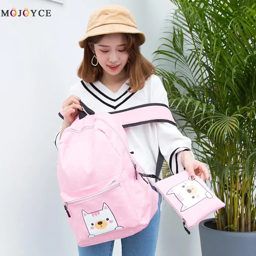 

2pcs Cute Cartoon Dots Women Backpack Girl Nylon Travel School Pen Bags Set