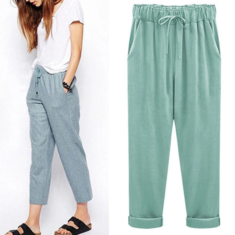 

Plus Size Womens Harem Pants Candy Color Pleated Elastic High Waist Trousers Ankle-Length Casual Loose Ladies Buttons Long Pant