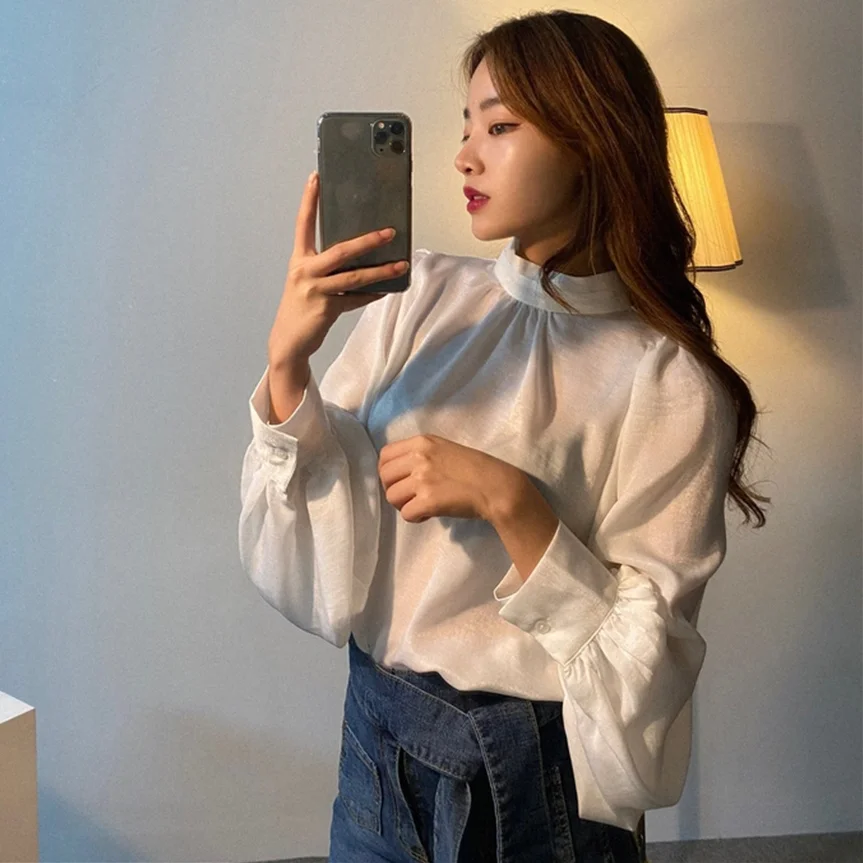 

SuperAen 2021 Fashion Solid All Match Lantern Sleeve Stand Full Satin Women Shirts