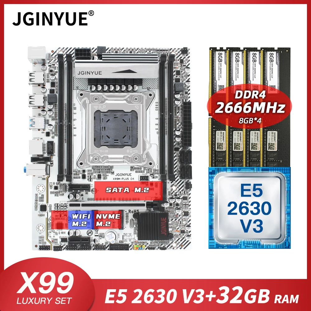Verkauf JGINYUEX99 Motherboard LGA 2011-3 Combo Mit 32GB 4*8G DDR4 Desktop RAM Xeon E5 2630 V3 Cpu SATA 3,0 Server Board X99M-PLUS D4