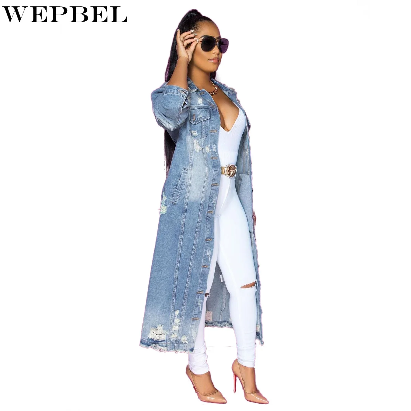 

WEPBEL Denim Jacket Spring Long Sleeve Turn-down Collar Single Breasted Denim Trench Coat Women's Ripped Stitching Cardigan Coat