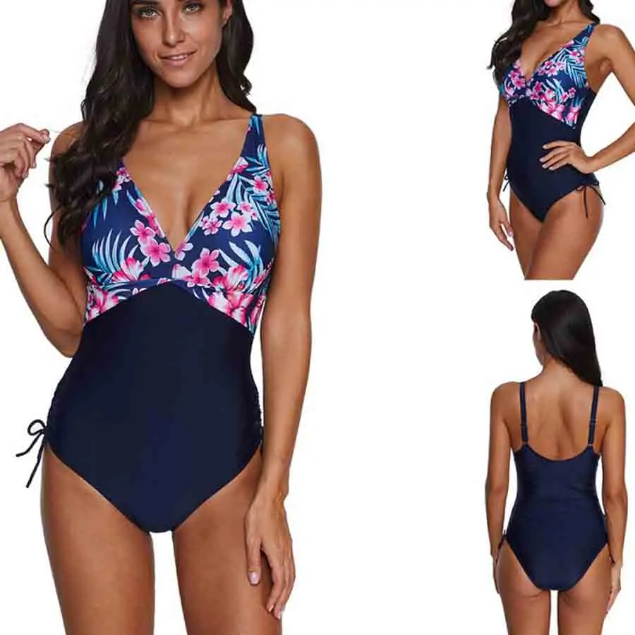 

2022 New Plus Size One Piece Swimsuit V Neck Sexy Bikini Push Up Padded Famale Swimwear Women Bathing Swimming Suit