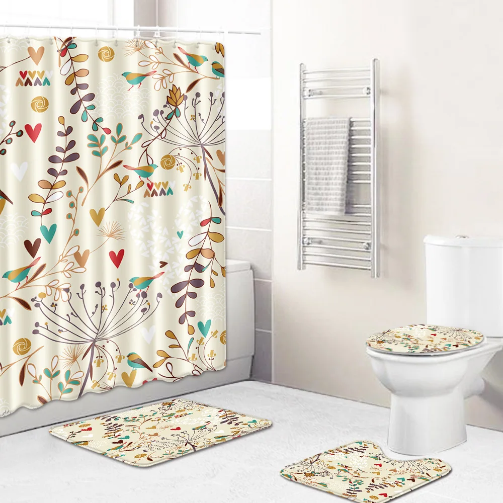 Zeegle 4PCS Bath Mat Set Shower Curtain Flannel Soft Toilet Seat Cover Absorbent Pedestal Rug Foot | Дом и сад