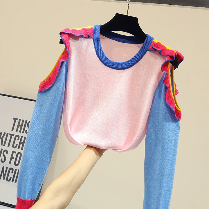 

MUMUZI hit color strapless thin sweater women 2019 loose long-sleeved lazy wind pullover sweaters cold shoulder knitwear