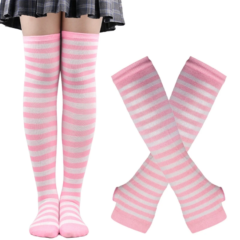 

Long Fingerless Gloves Multicolor Striped Arm Warmers with Thumb Hole Sleeve High Socks Set Elbow Length