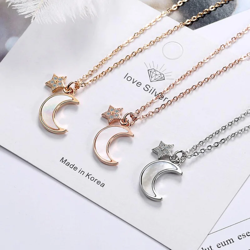 

KOFSAC Charm 925 Sterling Silver Necklaces Girl Birthday Present Fashion Shell Moon Zircon Star Necklace Women Party Jewelry