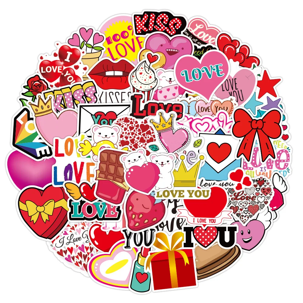 

50pcs Kawaii Love Heart Stickers Waterproof PVC Decals DIY Photo Bullet Journal I Love You Valentine's Day Decorative Label Gift