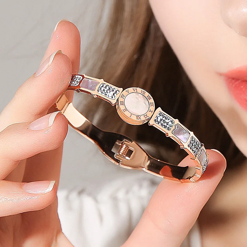 

Luxury female titanium steel rome numerals shell bangle fashion jewelry rose gold bracelet crystal concise wristlet jewel women