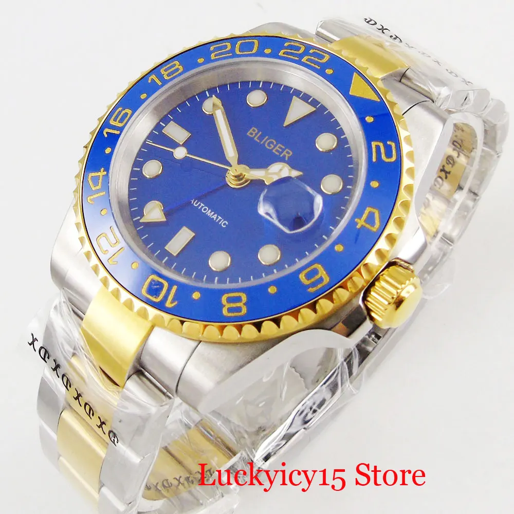 

BLIGER Brand Blue Stainless Steel Men Wristwatch Gold Coated GMT Date Function Rotating Bezel 40mm Sapphire Glass