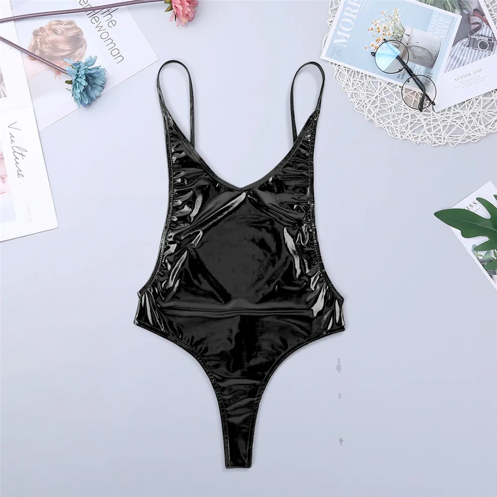 TiaoBug для женщин Блестящий металлический Боди без рукавов Лакированная кожа