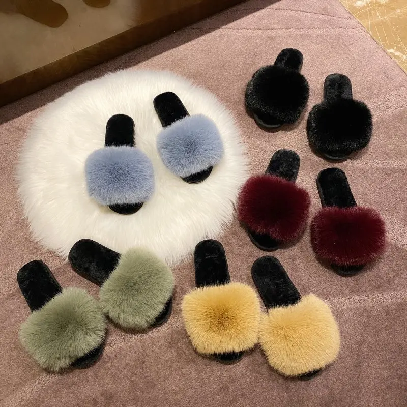 Solid Fur Slides New Winter Warm Slippers Women Shoes Woman Flat Sole Furry for Plus Size Zapatos De Mujer | Обувь
