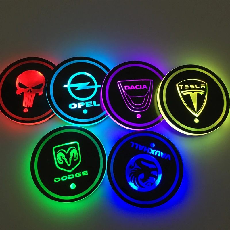 Дизайн 2 шт. светодиодный подстаканник подставки легкие коврики подставки под бутылки 7 цветов логотип автомобиля атмосферный свет